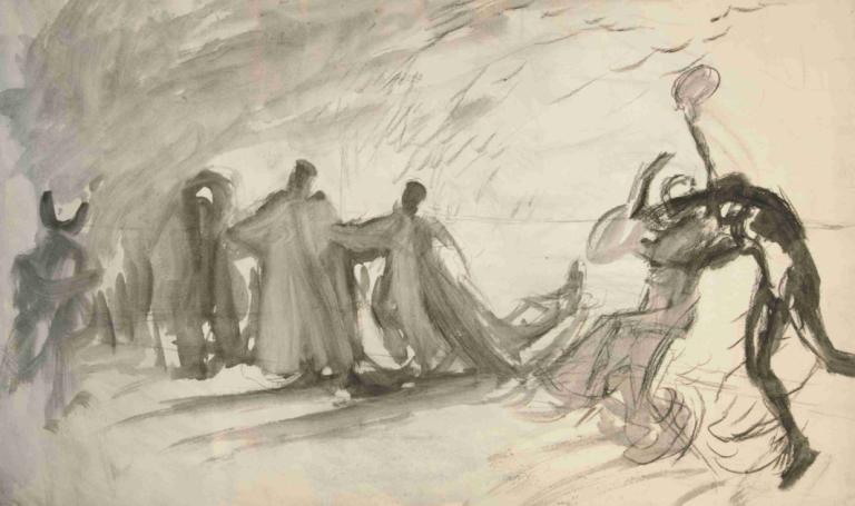 Rough sketch for the Dance,Hrubý náčrt pro Tanec,Edwin Austin Abbey,Náčrt,Náčrt, více chlapců, netvor, skica