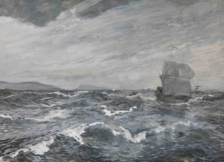 Seascape with sailing boat,Přímořská krajina s plachetnicí,Edwin Austin Abbey,Pastelové,Pastelové, oceán