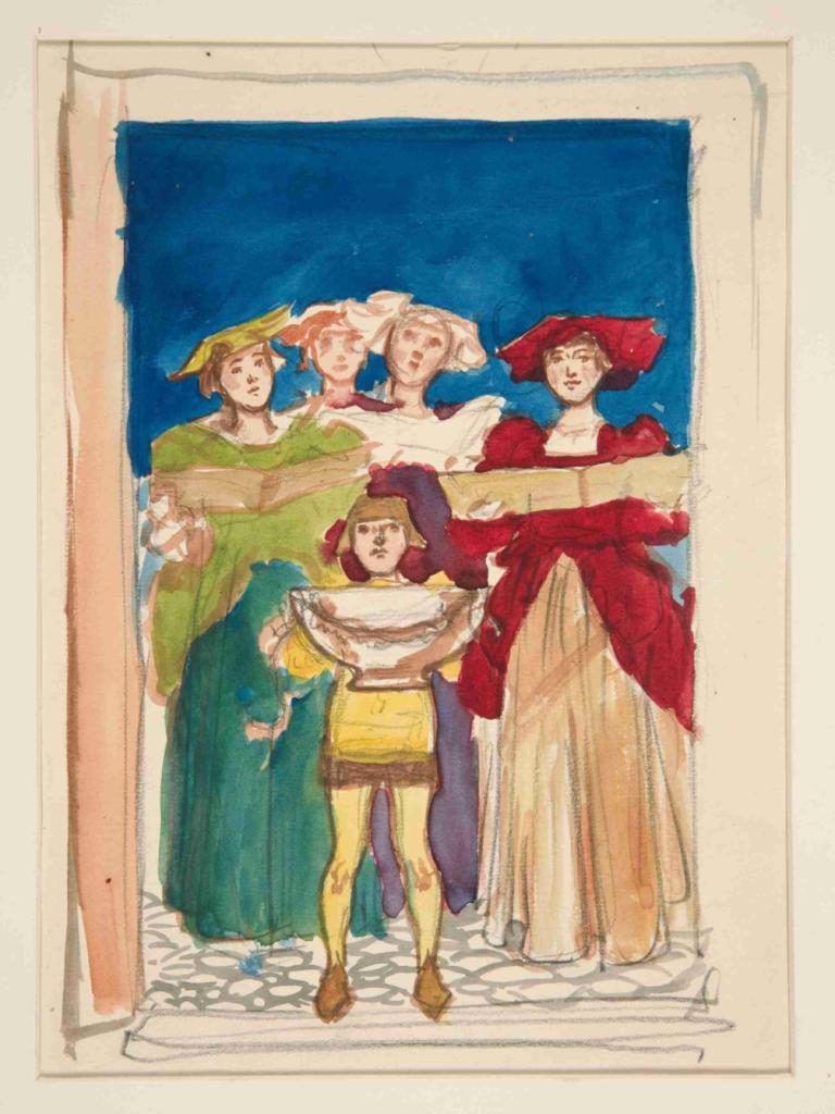 Sketch for Christmas Card,Skica pro vánoční přání,Edwin Austin Abbey,Akvarel,Akvarel, více dívek