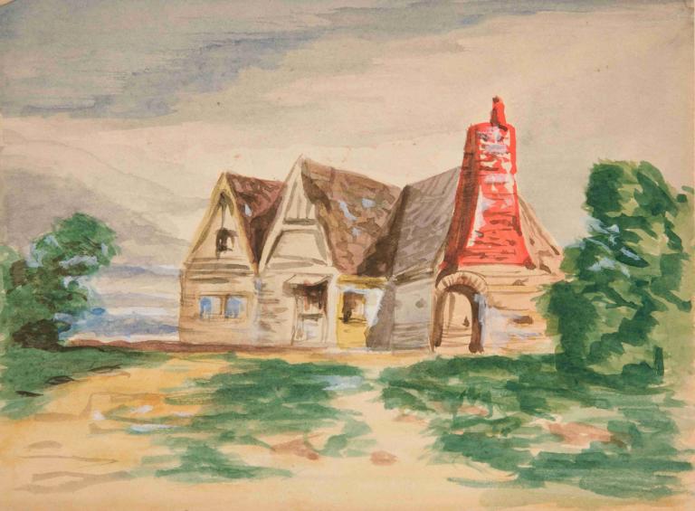 Sketch of a country cottage,시골 별장 스케치,Edwin Austin Abbey,에드윈 오스틴 수도원,파스텔,파스텔, 인간은 없어, 옥외, 경치, 나무, 전통 미디어, 집