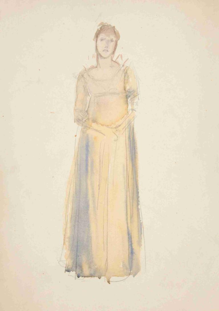 Sketch of a woman [dressed in yellow],Edwin Austin Abbey,Illustration,Illustration, solo, 1girl, dress