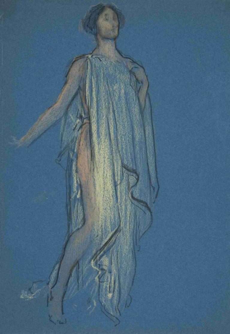 Sketch of a woman,여성 스케치,Edwin Austin Abbey,에드윈 오스틴 수도원,일러스트레이션,일러스트레이션, 여자 1명, 독주, 파란색 배경, 맨발, 흑발, 전통 미디어