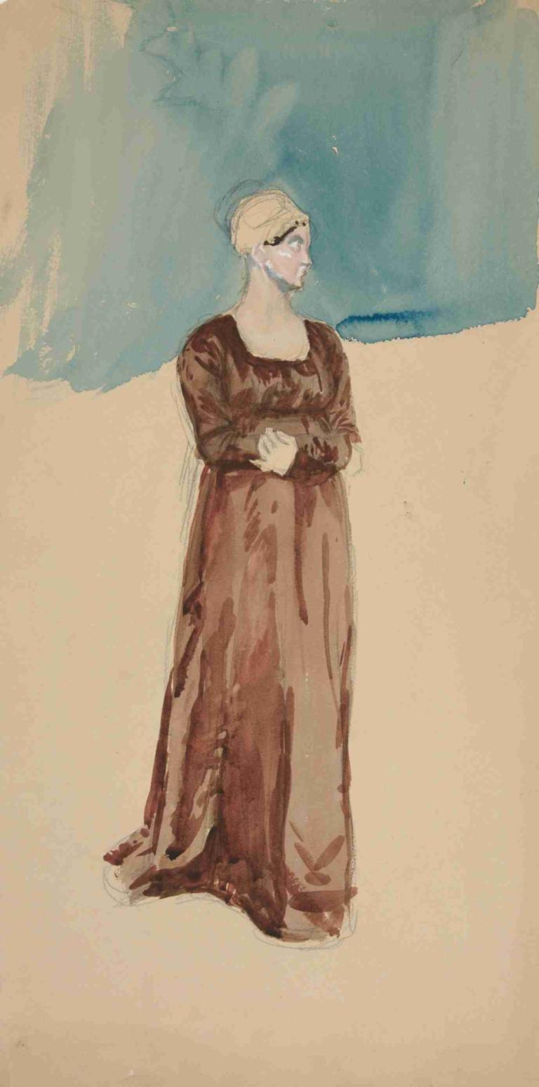 Sketch of a woman,여성 스케치,Edwin Austin Abbey,에드윈 오스틴 수도원,수채화,수채화, 독주, 블론드 헤어, 드레스, 여자 1명, 서 있는, 긴 소매, 전신