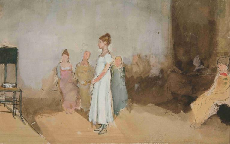 Sketch of a woman in an interior,Edwin Austin Abbey,Pastel,Pastel, multiple girls, dress, 4girls, brown hair