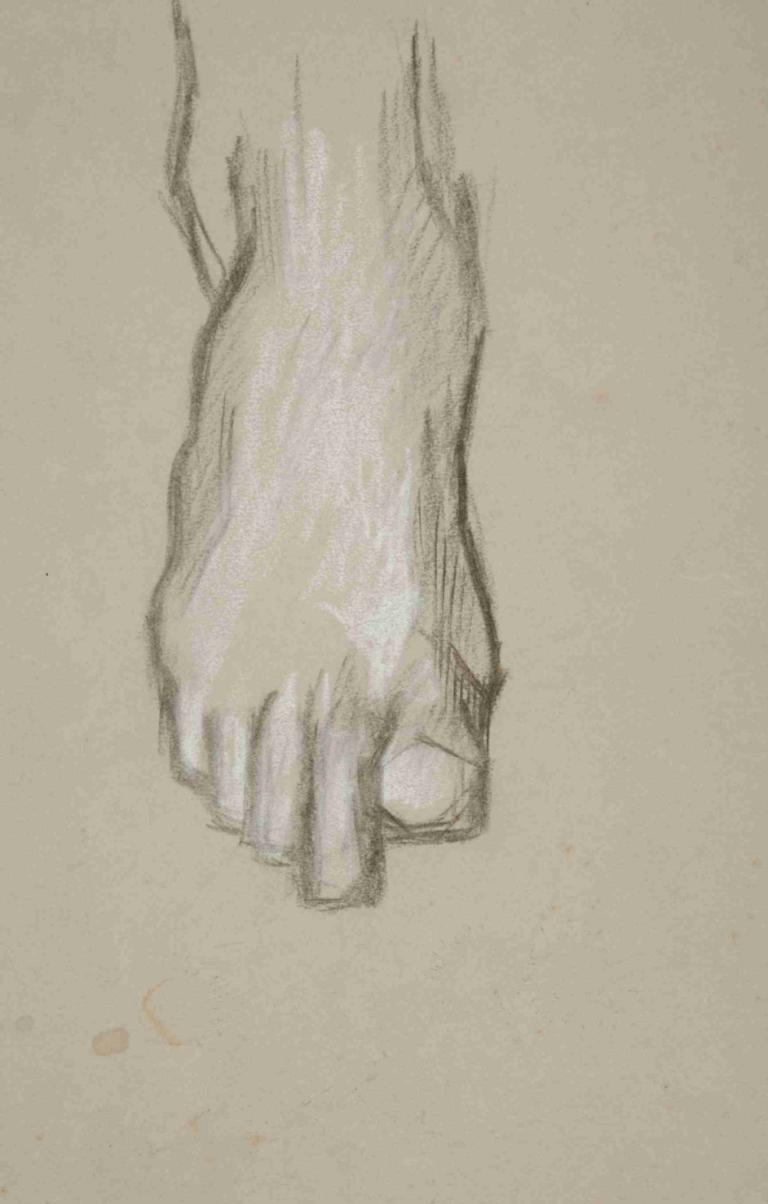 Sketch of a foot,Edwin Austin Abbey,Sketch,Sketch, monochrome, holding hands, simple background, 1girl