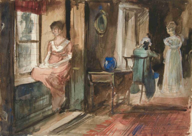 Sketch of figures in an interior,Edwin Austin Abbey,Pastel,Pastel, dress, sitting, chair, indoors