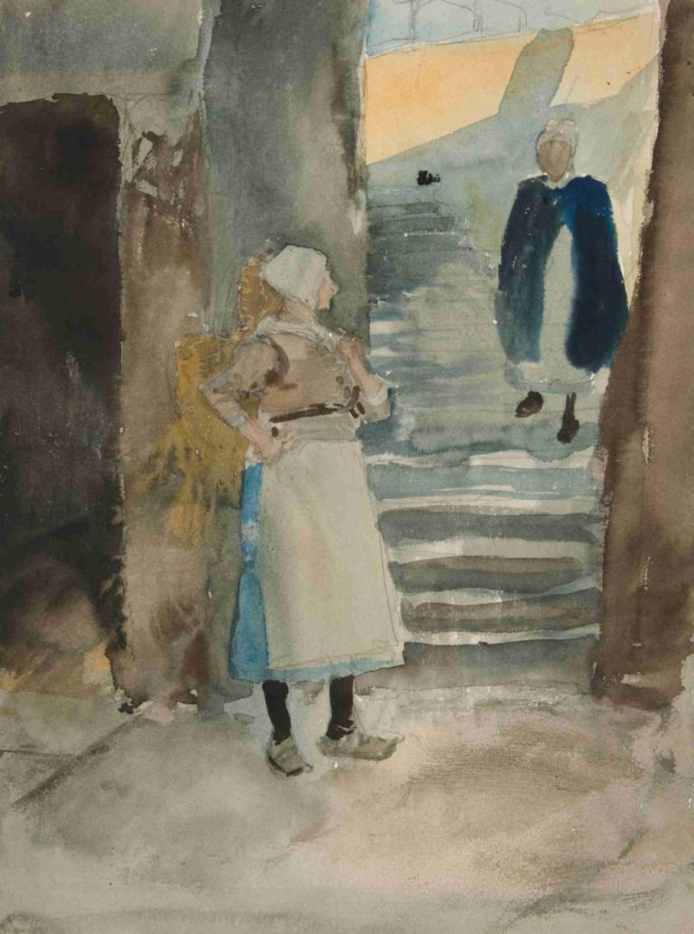 Street Scene with Two Fishwives,Σκηνή δρόμου με δύο ψαράδες,Edwin Austin Abbey,Ακουαρέλα,Ακουαρέλα, σκάλες