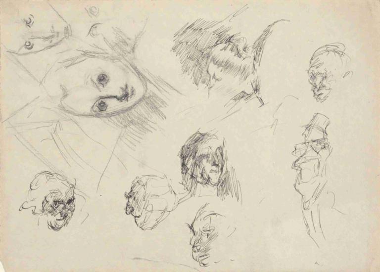 Studies of heads,Edwin Austin Abbey,Sketch,Sketch, monochrome, sketch, traditional media, hat