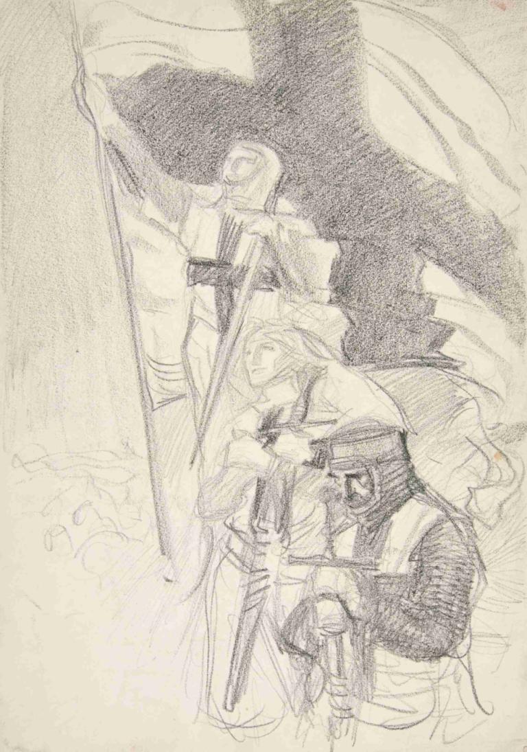 Study for 'Crusaders Sighting Jerusalem',Edwin Austin Abbey,Sketch,Sketch, monochrome, sketch, weapon, sword