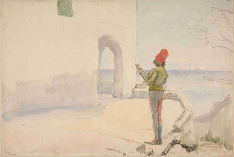 Study for 'Wandering Minstrel' [oil painting],Edwin Austin Abbey,Watercolor,Watercolor, solo, 1girl