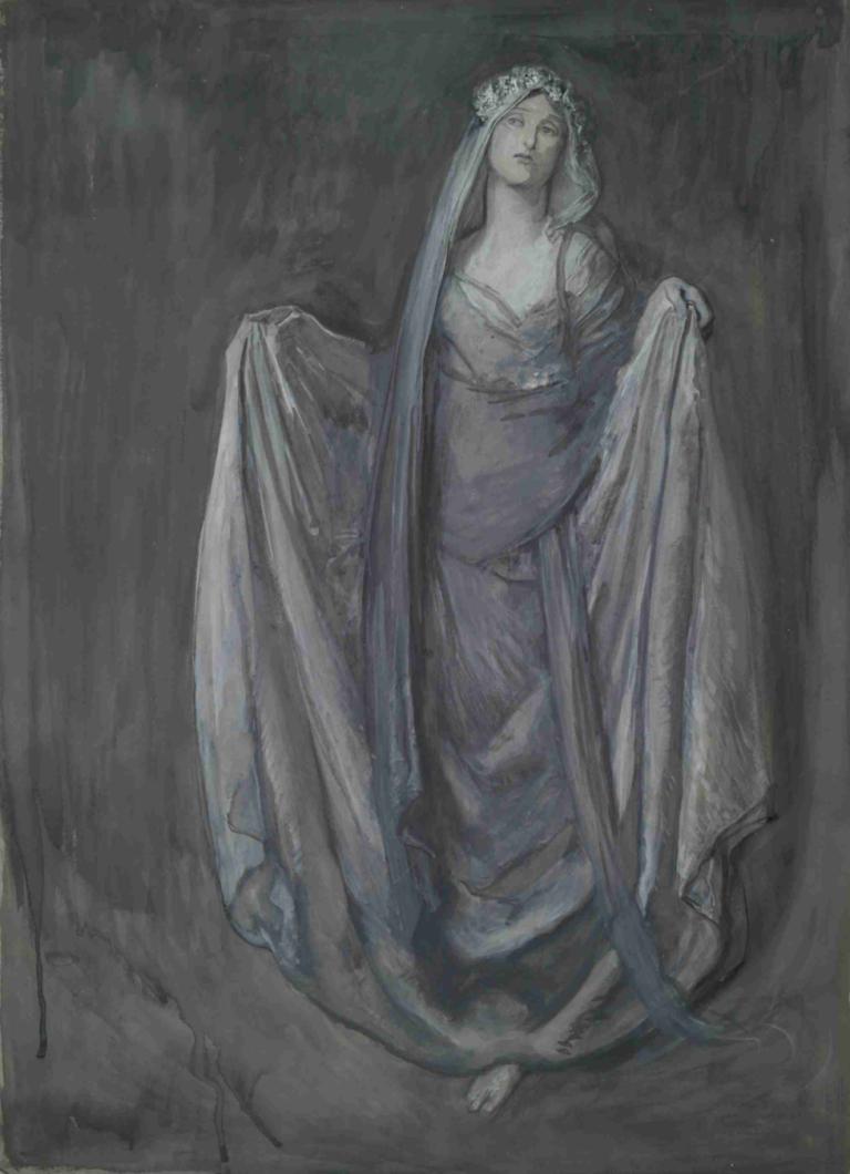 Study for Blanchefleur,Edwin Austin Abbey,Pastel,Pastel, solo, 1girl, barefoot, dress, long hair, head wreath