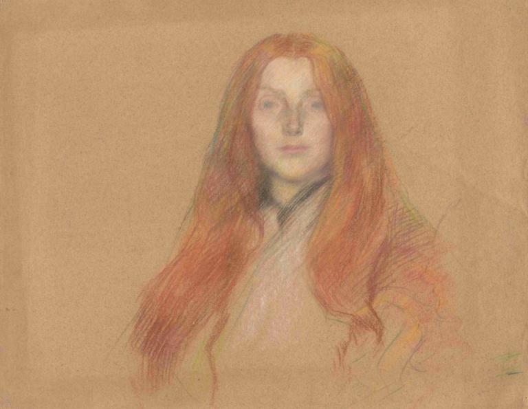 Study for head of Ophelia,Edwin Austin Abbey,Sketch,Sketch, solo, long hair, japanese clothes, red hair