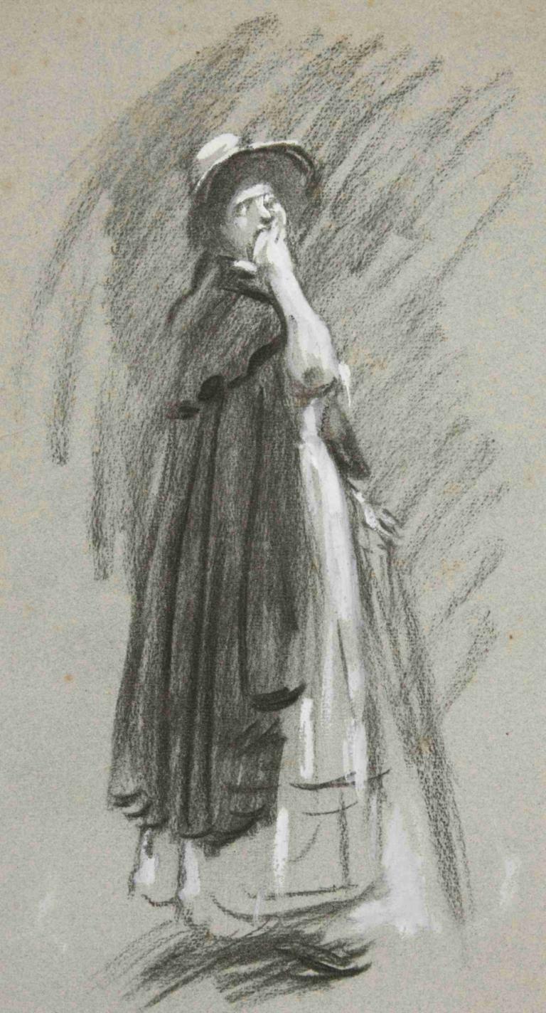 Study of a woman in cloak and hat,Estudio de una mujer con capa y sombrero,Edwin Austin Abbey,Bosquejo