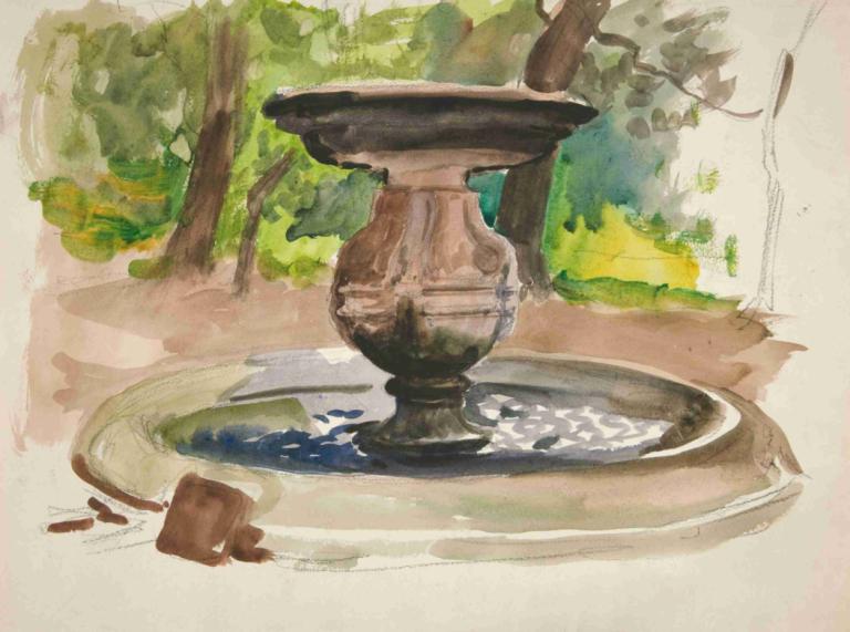 Study of a fountain,Studie av en fontän,Edwin Austin Abbey,Akvarell,Akvarell, inga människor, träd