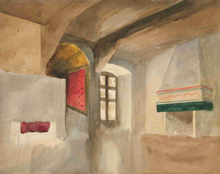 Study of an interior,Studie av en interiör,Edwin Austin Abbey,Pastell,Pastell, inga människor, fönster, mat