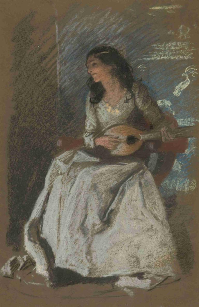 Study of lady playing mandolin,Studie av dam som spelar mandolin,Edwin Austin Abbey,Pastell,Pastell, 1 tjej