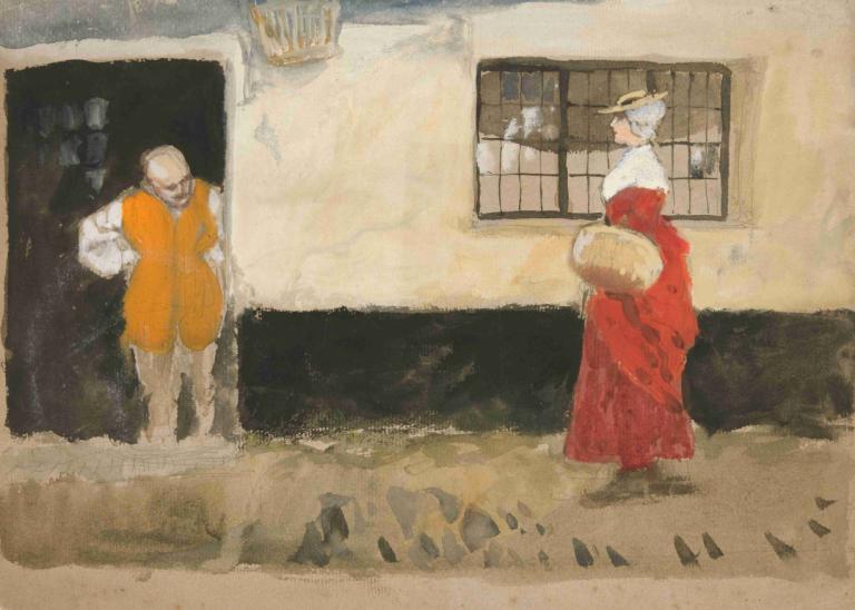 Study of street scene, man at door, woman in red dress.,Studie av gatuscen, man vid dörr