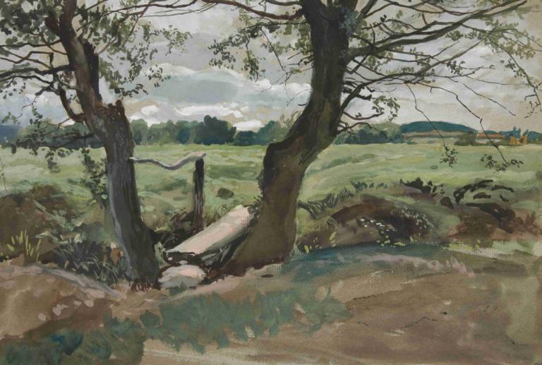 Study of two trees and a field,Studie av två träd och ett fält,Edwin Austin Abbey,Pastell,Pastell, utomhus