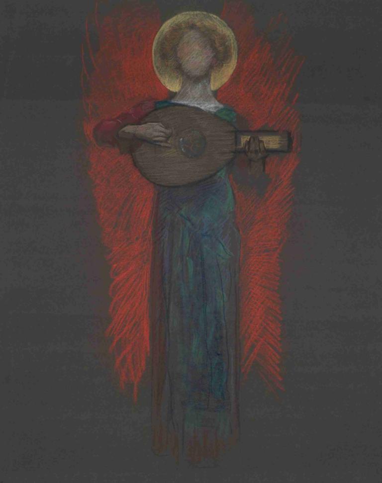 Study, Angel with Musical Instrument,Studie, ängel med musikinstrument,Edwin Austin Abbey,Pastell,Pastell