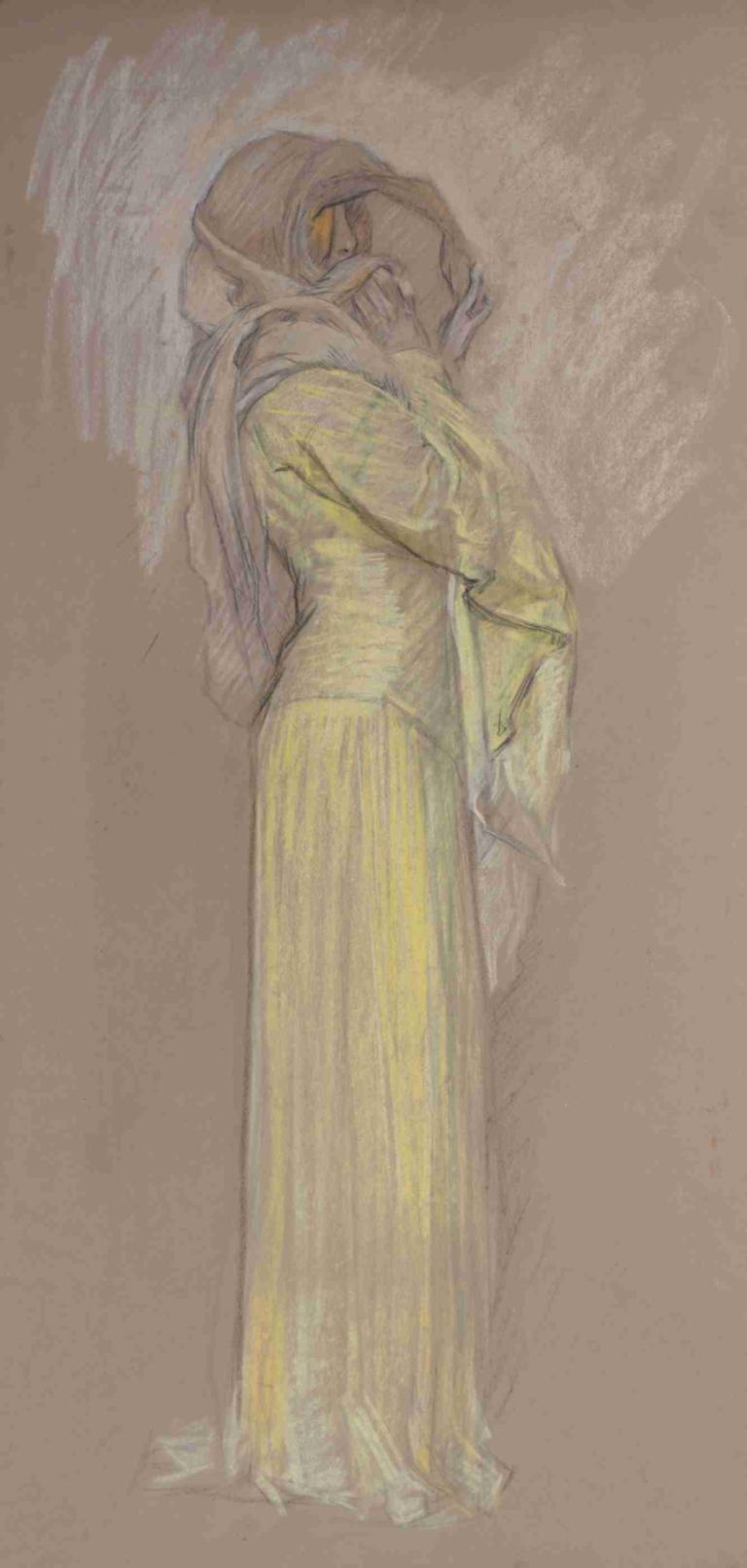 Study, Woman in yellow dress with brown veil over face,Studie