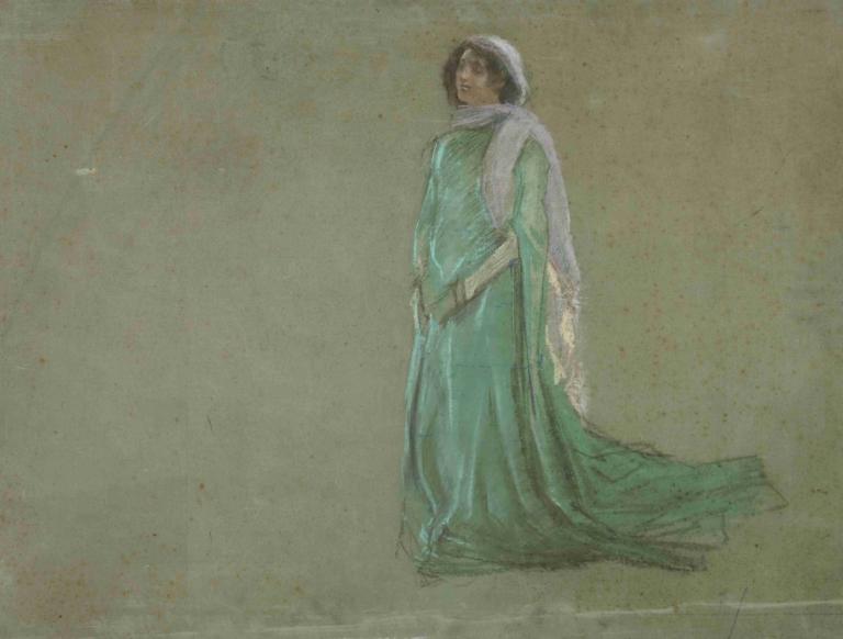 Study, woman in long green dress, pink scarf,Studie, kvinna i lång grön klänning, rosa halsduk