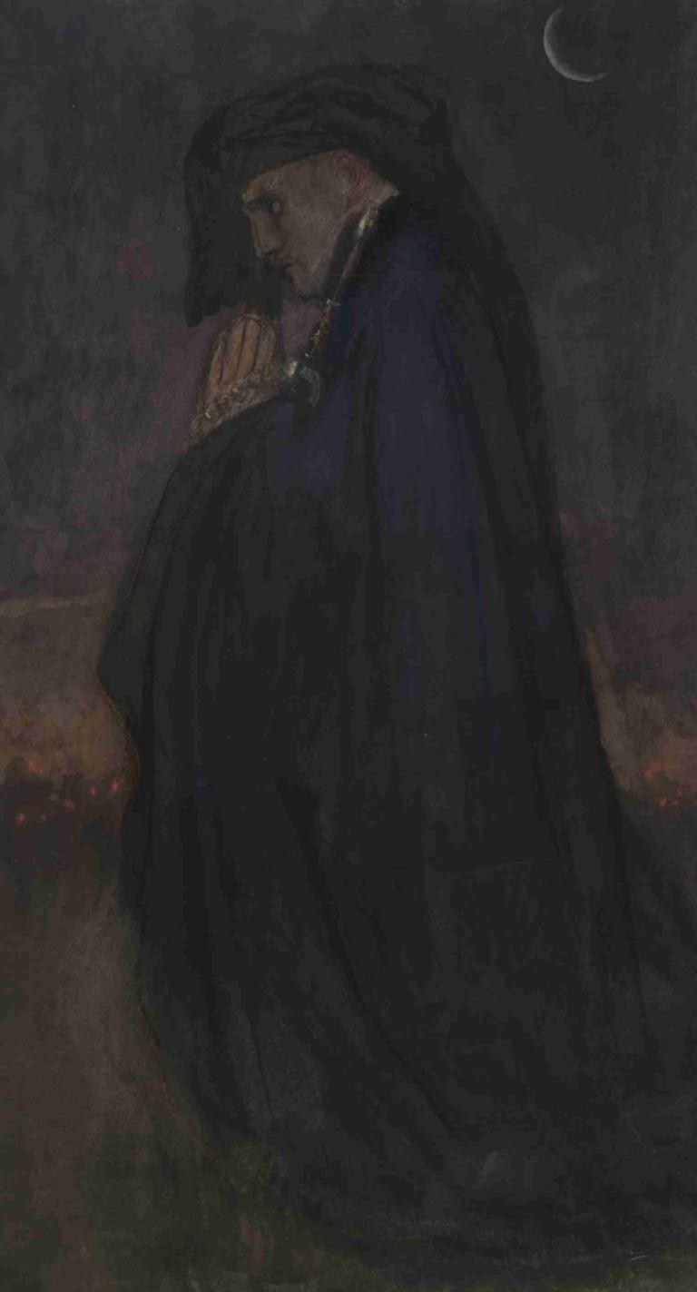 Study. Man in blue cloak, moonlight,Studie. Man i blå mantel, månsken,Edwin Austin Abbey,Pastell,Pastell