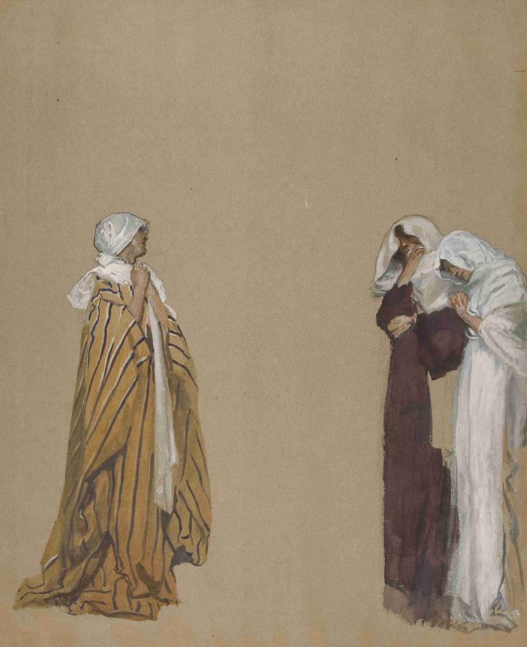 Study. Three figures,Studie. Tre siffror,Edwin Austin Abbey,Pastell,Pastell, morgonrock, konstparodi