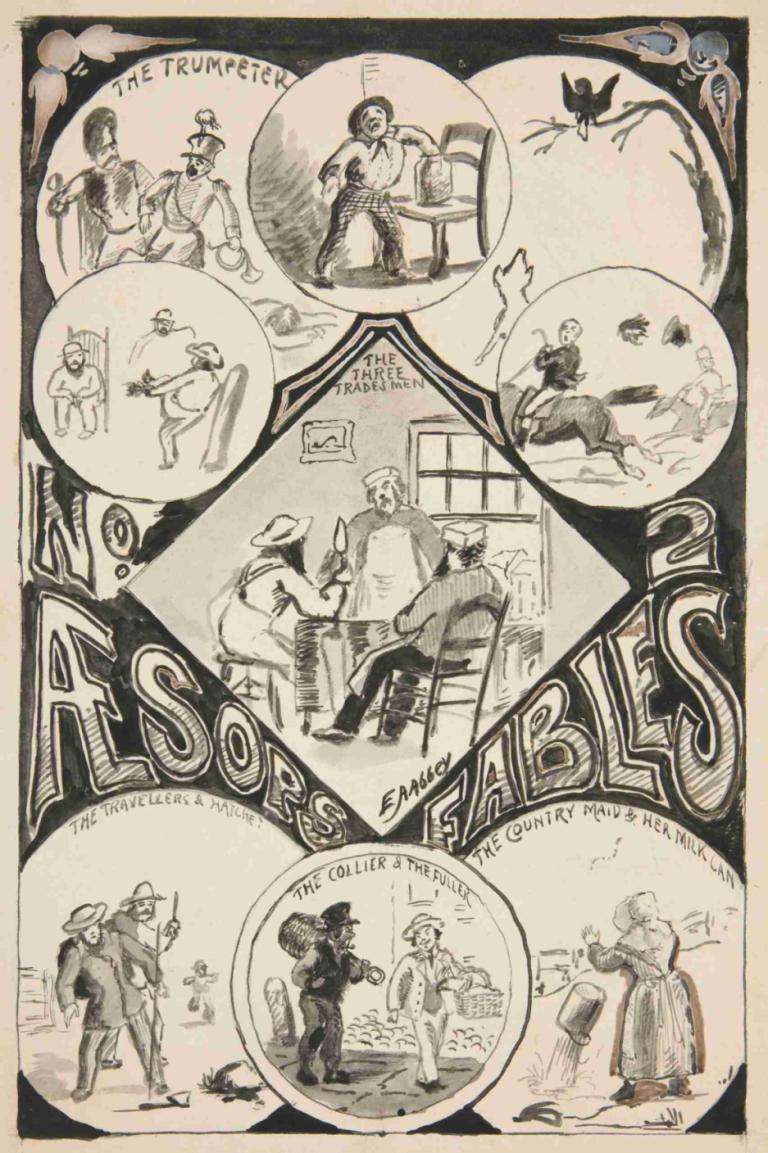 Title page for Aesop’s Fables, No. 2,Edwin Austin Abbey,Illustration,Illustration, multiple boys, hat, bird