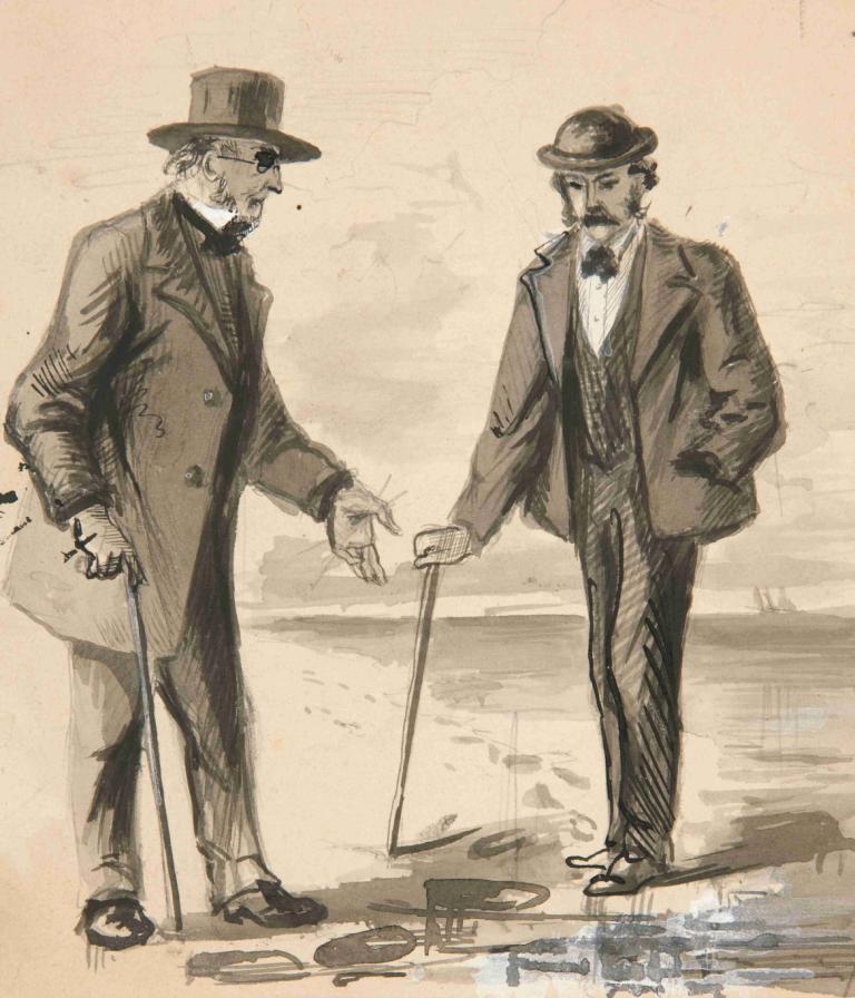 Two men conversing on seashore,Двое мужчин беседуют на берегу моря,Edwin Austin Abbey,Эдвин Остин Эбби