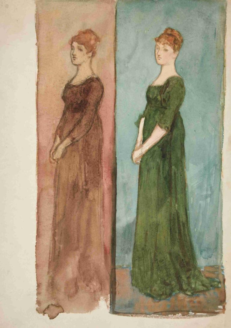 Two sketches of a woman [dressed in red, in green] - costume studies for a play