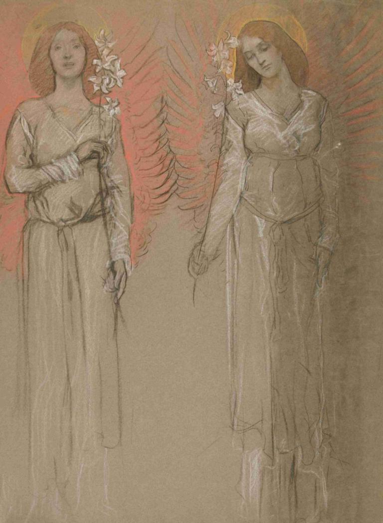 Two Angels,Два ангела,Edwin Austin Abbey,Эдвин Остин Эбби,Пастель,Пастель, ангел, гало, одеваться, 1 девушка