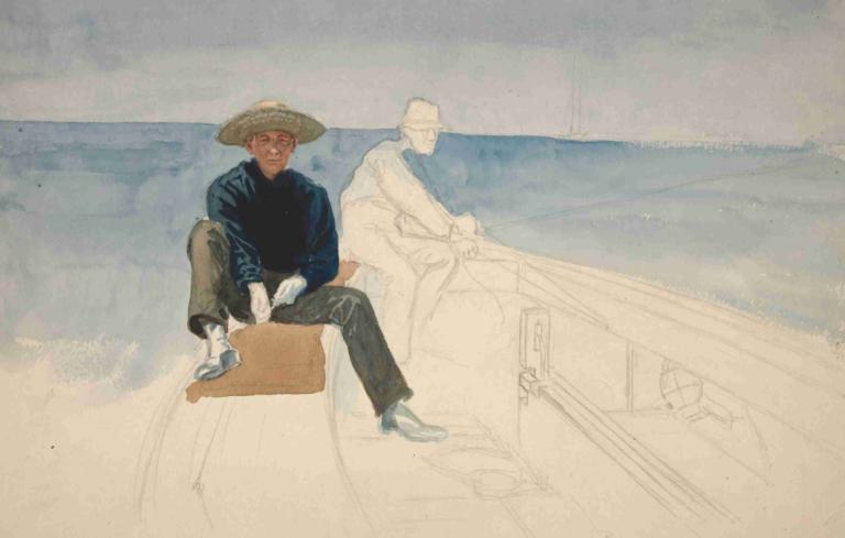 Unfinished drawing of two men sailing,Ofullbordad teckning av två män som seglar,Edwin Austin Abbey,Akvarell