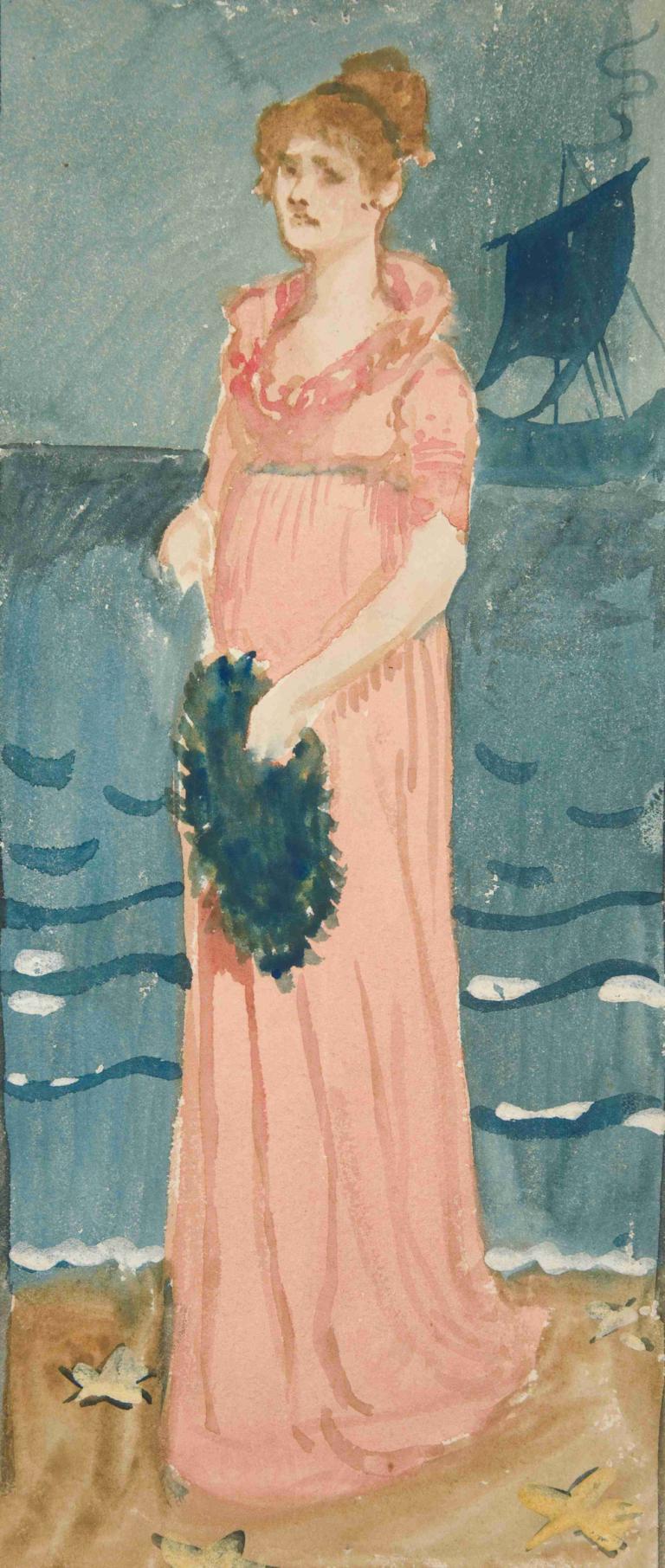 Unidentified illustration of woman on a beach, ship in distance