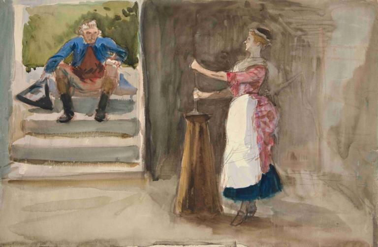 Woman churning butter, man in Revolutionary dress watching,妇女在搅拌黄油，身着革命礼服的男子在观看,Edwin Austin Abbey,埃德温-奥斯汀-阿比