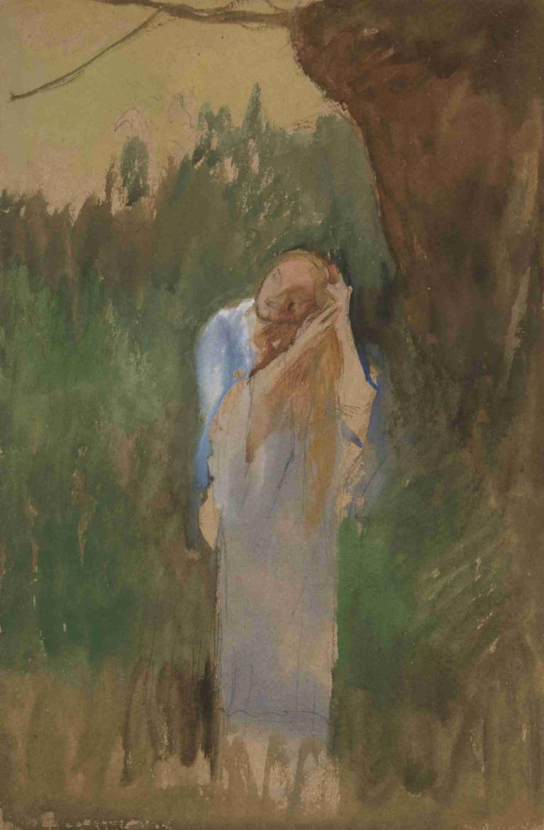 Woman in landcape, combing her long, blond hair,梳理金色长发的风景区女子,Edwin Austin Abbey,埃德温-奥斯汀-阿比,粉彩画,粉彩画, 树, 长发