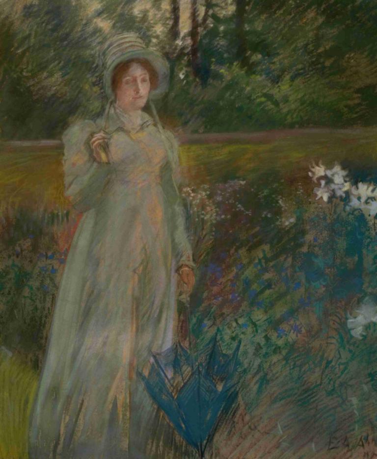 Woman in the Garden,花园中的女人,Edwin Austin Abbey,埃德温-奥斯汀-阿比,粉彩画,粉彩画, 1个女孩, 裙子, 独奏, 帽子, 户外, 保持, 花, 白色礼服, 常设, 白色头饰