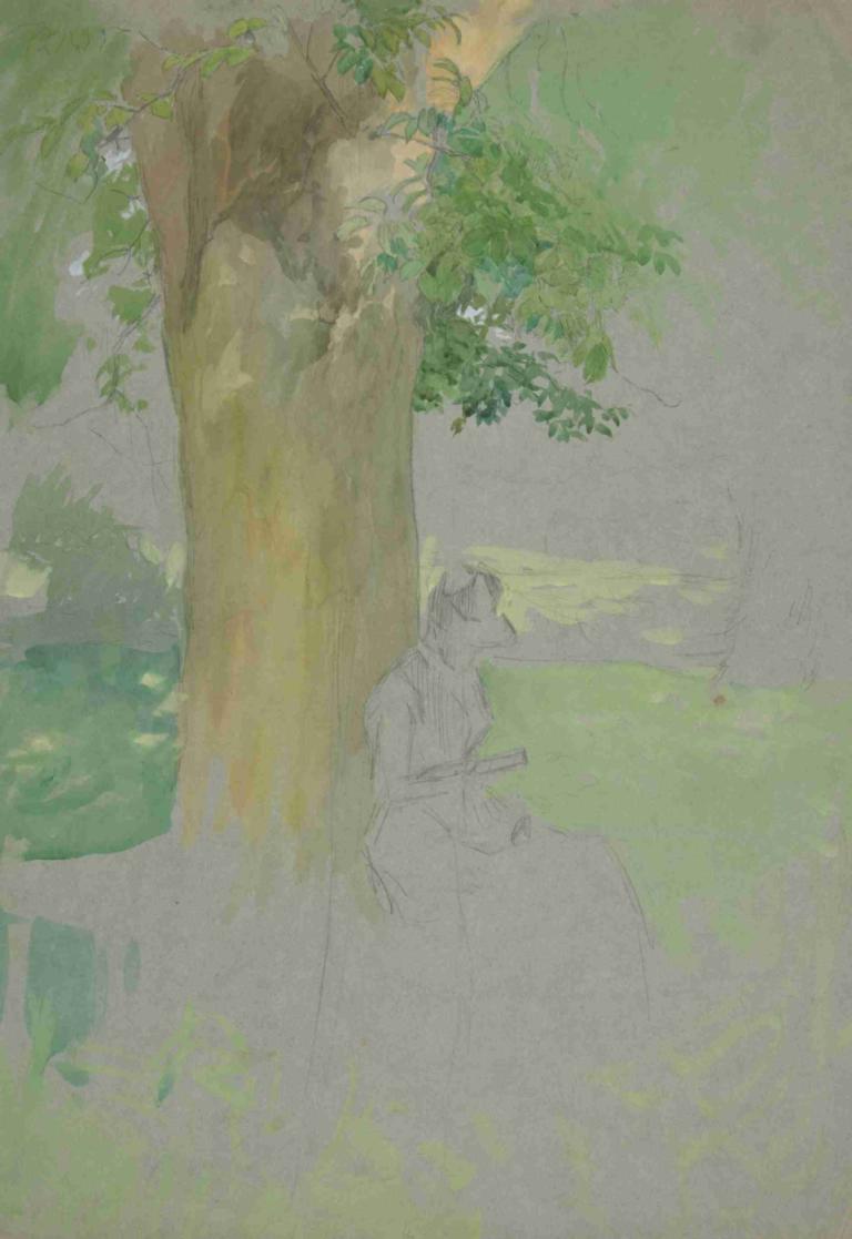 Woman seated beneath a tree, reading,坐在树下阅读的女子,Edwin Austin Abbey,埃德温-奥斯汀-阿比,粉彩画,粉彩画, 树, 1个女孩, 独奏, 户外, 裙子