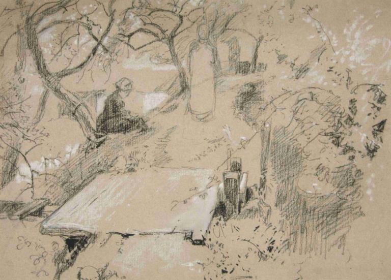 Woman seated on bench in a garden or public park,坐在花园或公园长椅上的女子,Edwin Austin Abbey,埃德温-奥斯汀-阿比,铜版画,铜版画, 树, 单色