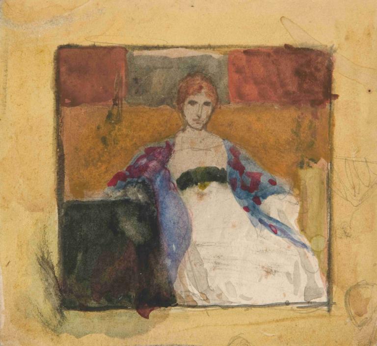 Woman seated,坐着的妇女,Edwin Austin Abbey,埃德温-奥斯汀-阿比,粉彩画,粉彩画, 独奏, 裙子, 男性焦点, 1男孩, 美术模仿, 传统媒体