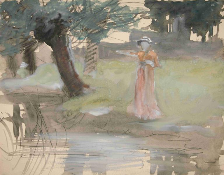 Woman standing by a riverbank,站在河边的女子,Edwin Austin Abbey,埃德温-奥斯汀-阿比,水彩画,水彩画, 1个女孩, 独奏, 树, 户外, 裙子, 常设, 草