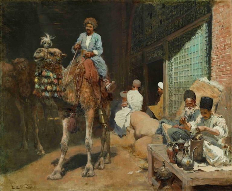 A market in Ispahan,Edwin Lord Weeks,Oil Painting,Oil Painting, fine art parody, hat, horse, multiple boys