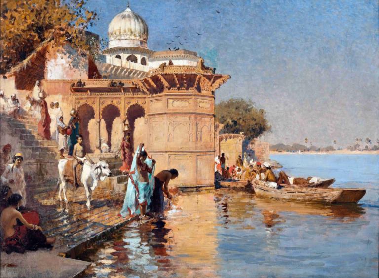 Along the Ghats, Mathura,Edwin Lord Weeks,Oil Painting,Oil Painting, watercraft, outdoors, boat, tree, water