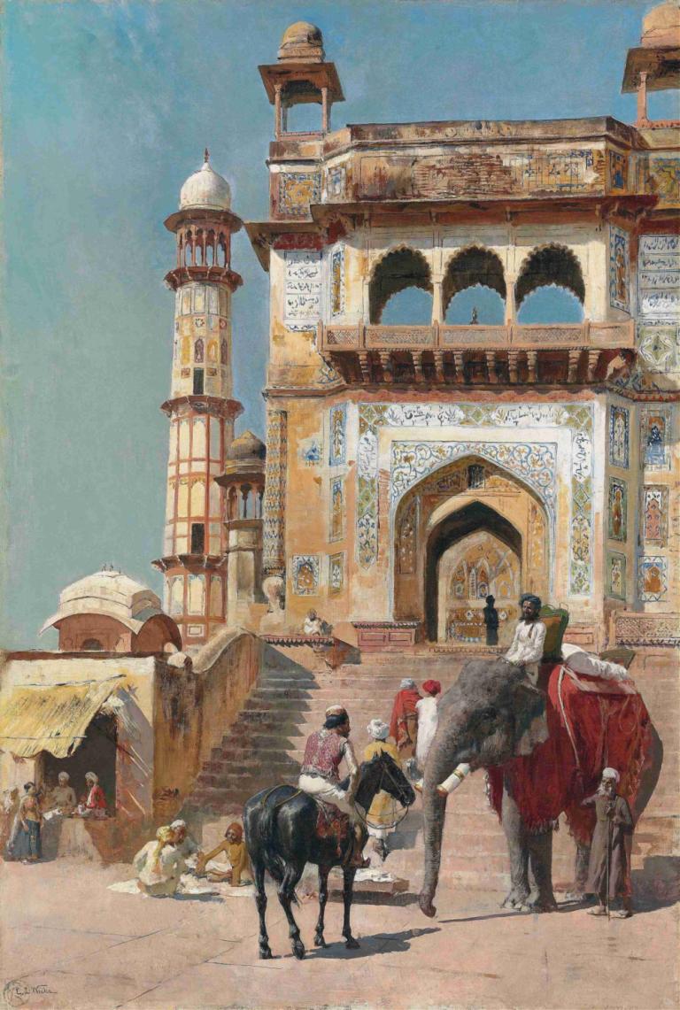 Before the great Jami Masjid mosque, Mathura, India,Edwin Lord Weeks,Oil Painting,Oil Painting, multiple boys