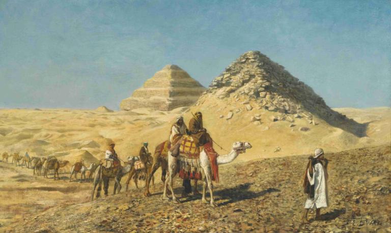 Camel Caravan Amid The Pyramids, Egypt,Edwin Lord Weeks,Oil Painting,Oil Painting, desert, outdoors, day, sky