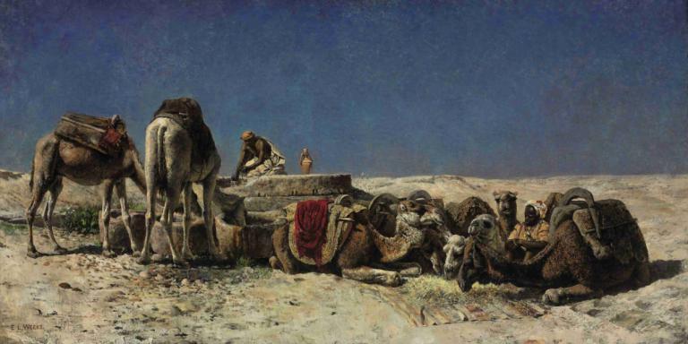 Camels beside a cistern,Edwin Lord Weeks,Oil Painting,Oil Painting, desert, fine art parody, multiple boys