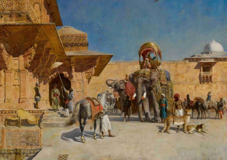 Departure For The Hunt,出發去狩獵,Edwin Lord Weeks,埃德溫·洛德·威克斯,油畫,油畫, 馬, 美術模仿, 傳統媒體, 多個男孩, 戶外, 繪畫（中）, 天, 沙漠, 狗, 天空