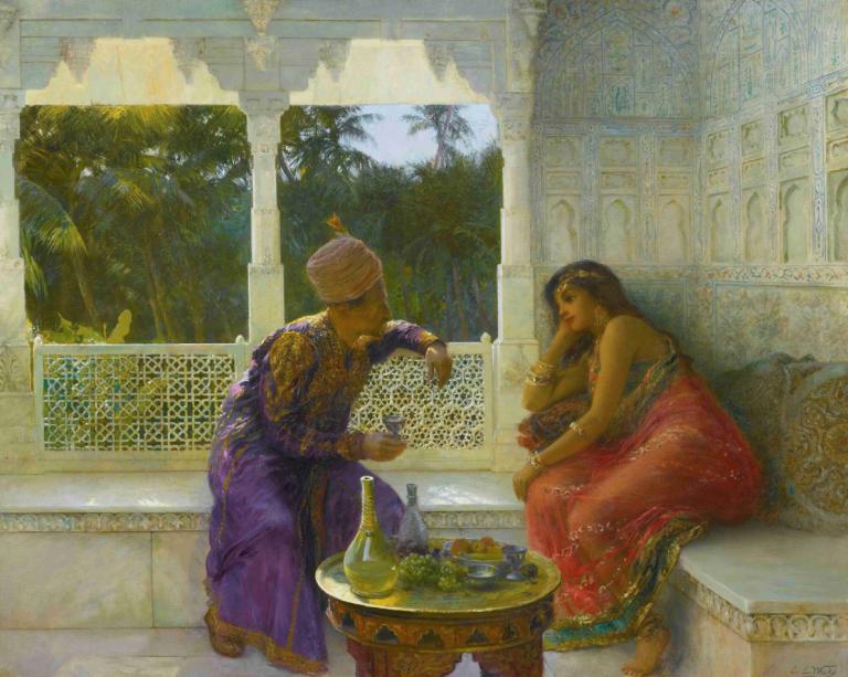 Figures In An Interior With Garden Of Palms Beyond