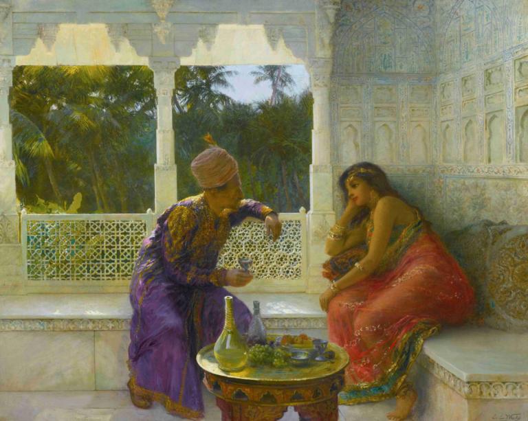 Figures in an interior with garden of palms beyond