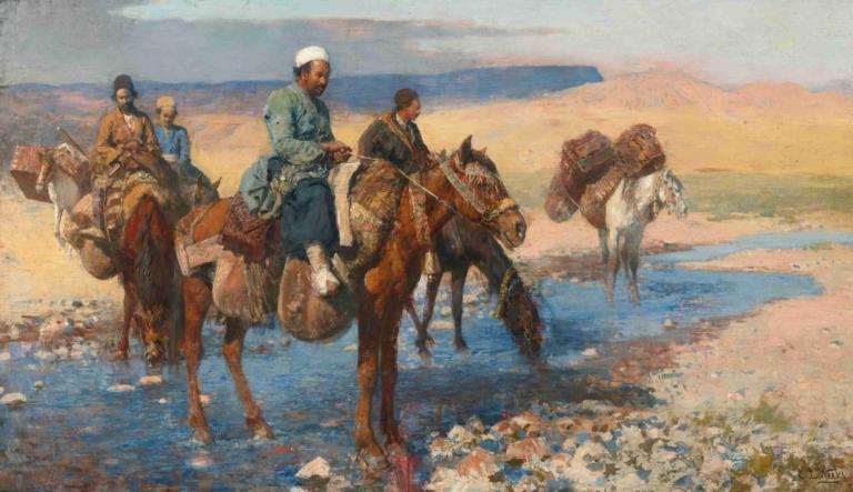 Horses At The Ford - Persia,Edwin Lord Weeks,Oil Painting,Oil Painting, horse, multiple boys, riding