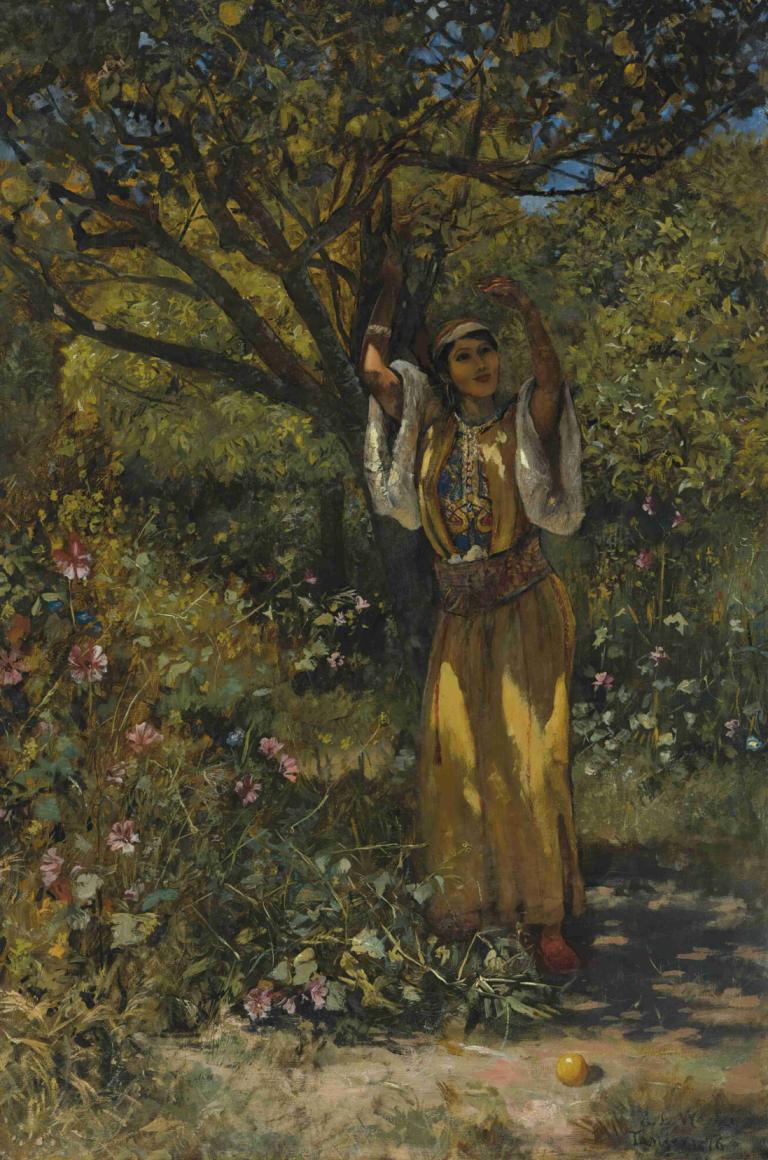 In the garden,Edwin Lord Weeks,Oil Painting,Oil Painting, 1girl, flower, outdoors, solo, tree, long sleeves